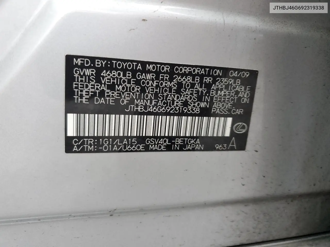 JTHBJ46G692319338 2009 Lexus Es 350