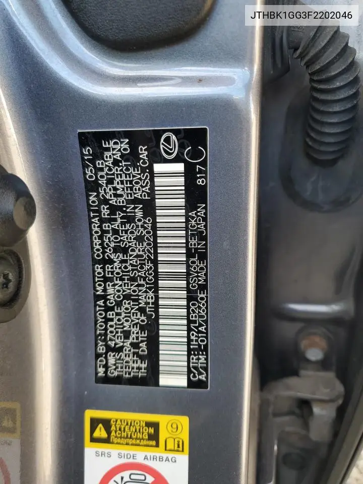 JTHBK1GG3F2202046 2015 Lexus Es 350