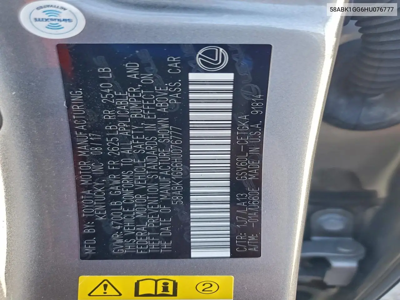 58ABK1GG6HU076777 2017 Lexus Es 350