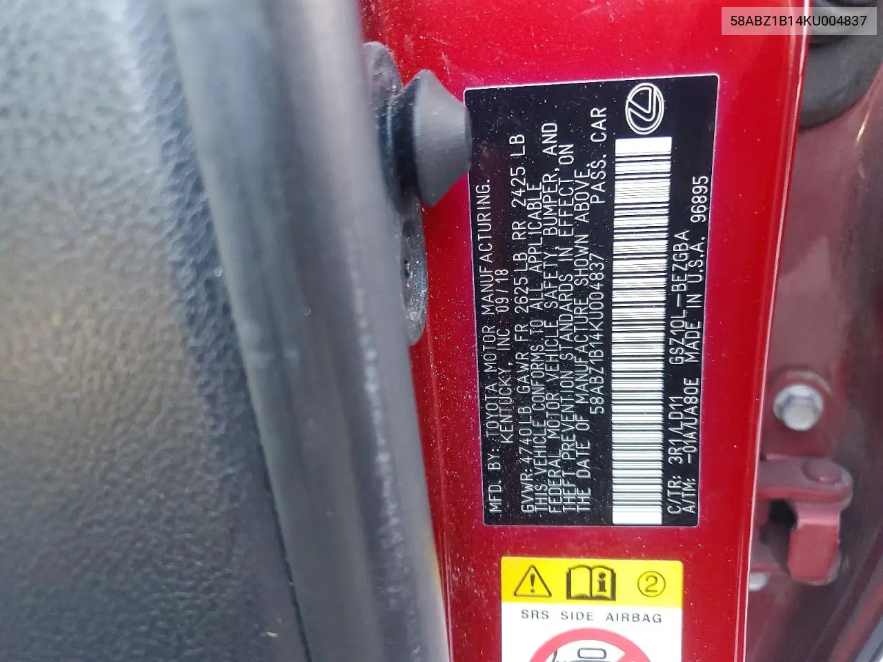 58ABZ1B14KU004837 2019 Lexus Es 350 Base