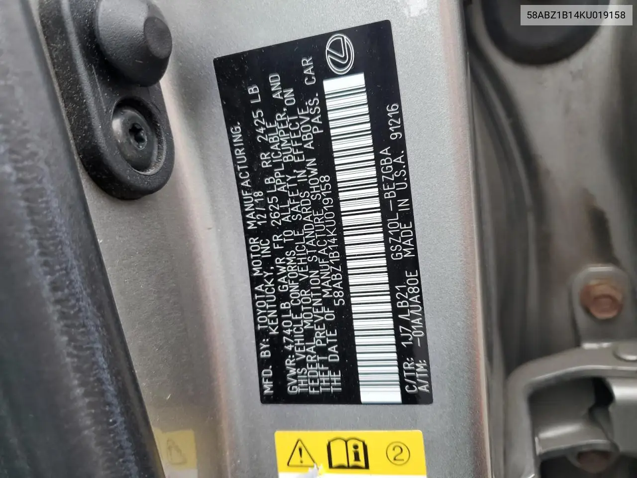 58ABZ1B14KU019158 2019 Lexus Es 350