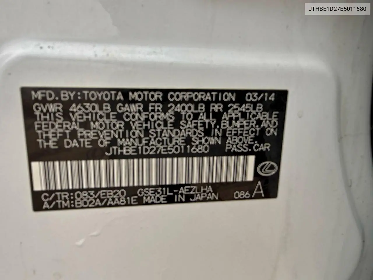 JTHBE1D27E5011680 2014 Lexus Is 350