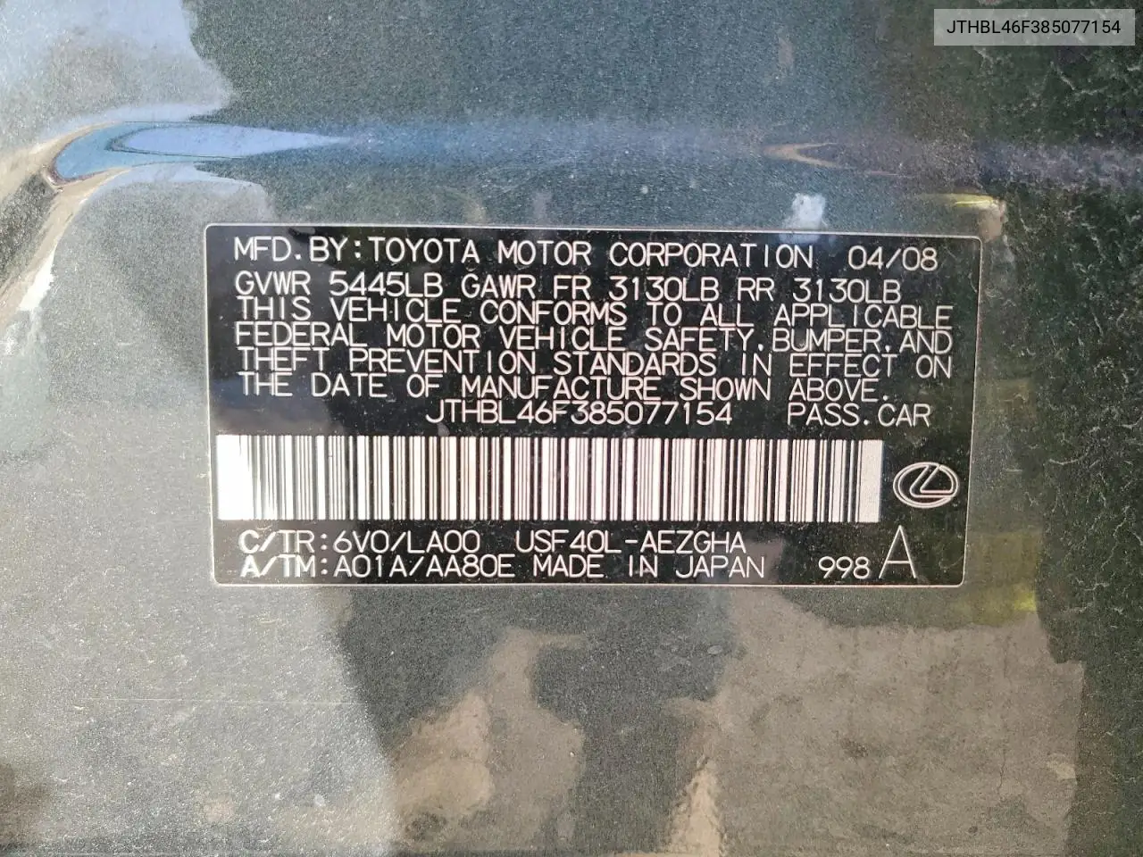 JTHBL46F385077154 2008 Lexus Ls 460