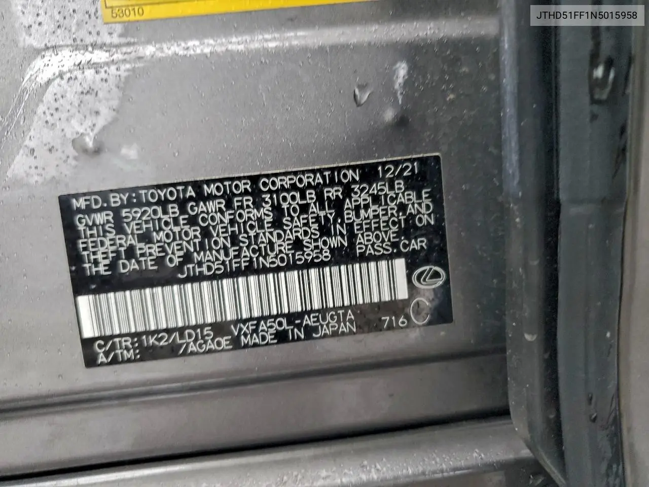 JTHD51FF1N5015958 2022 Lexus Ls 500 Base