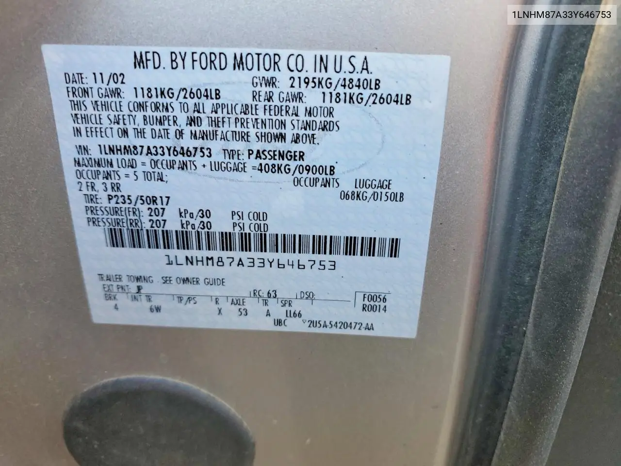 2003 Lincoln Ls VIN: 1LNHM87A33Y646753 Lot: 76721655