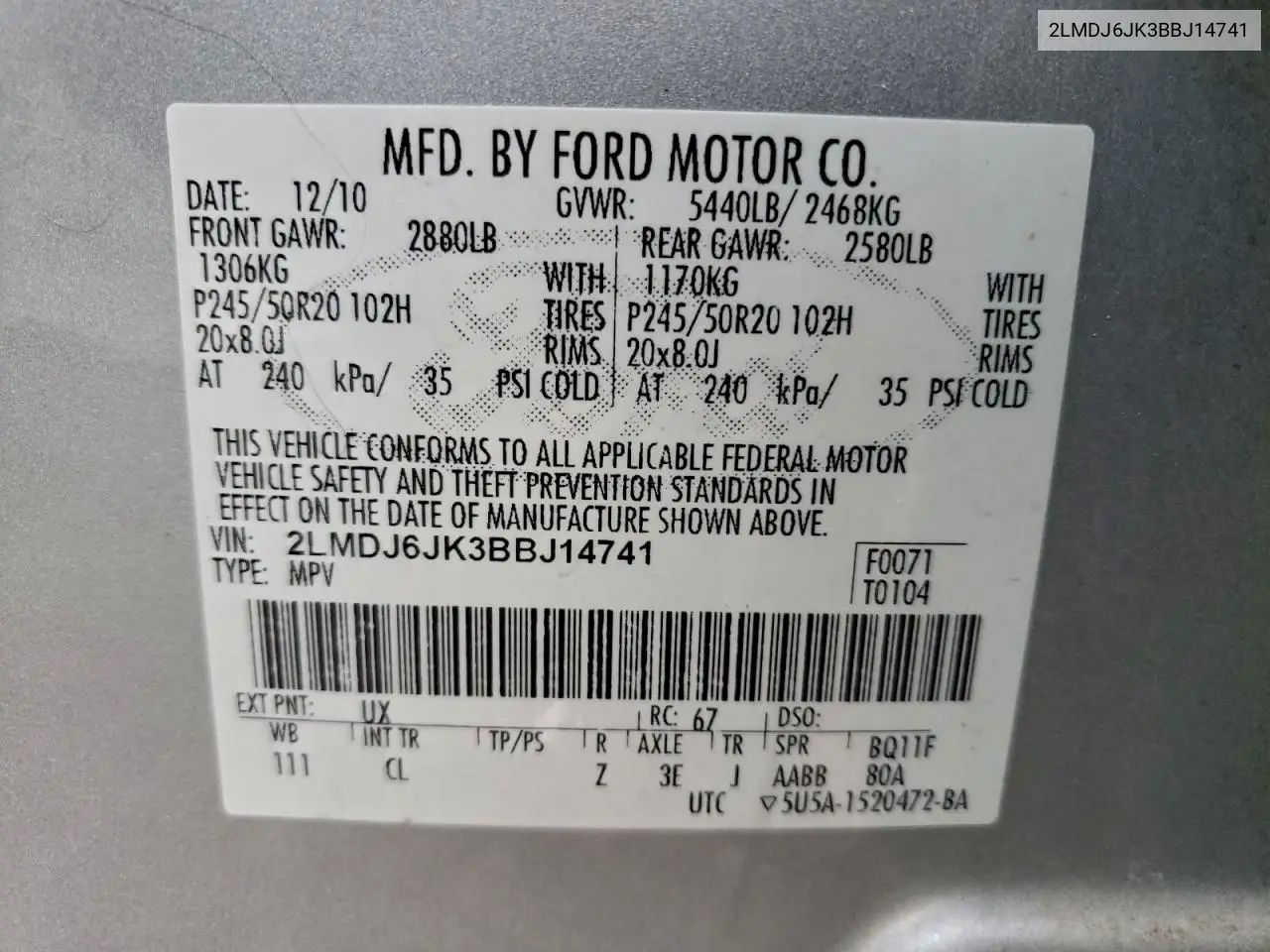 2LMDJ6JK3BBJ14741 2011 Lincoln Mkx
