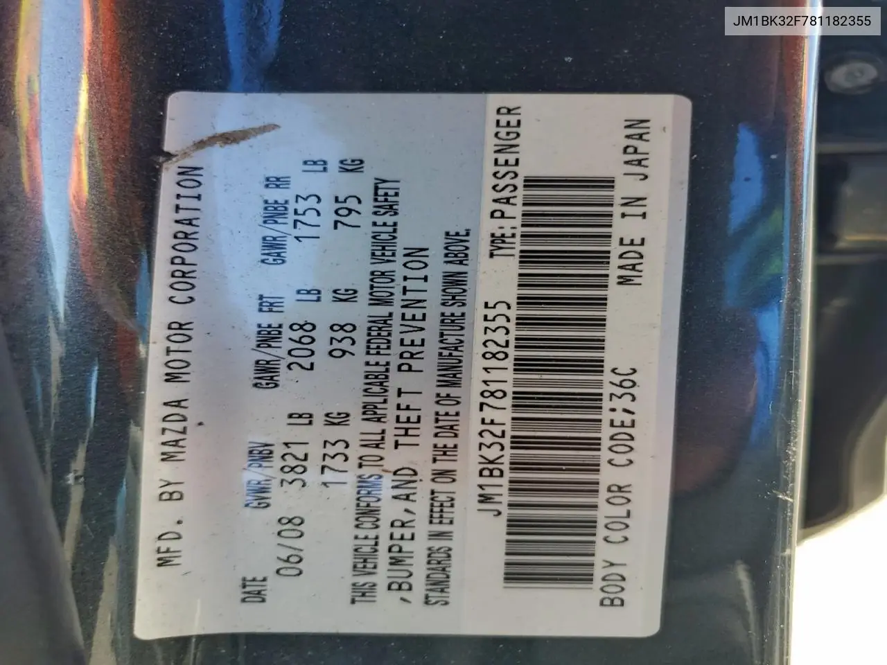 JM1BK32F781182355 2008 Mazda 3 I