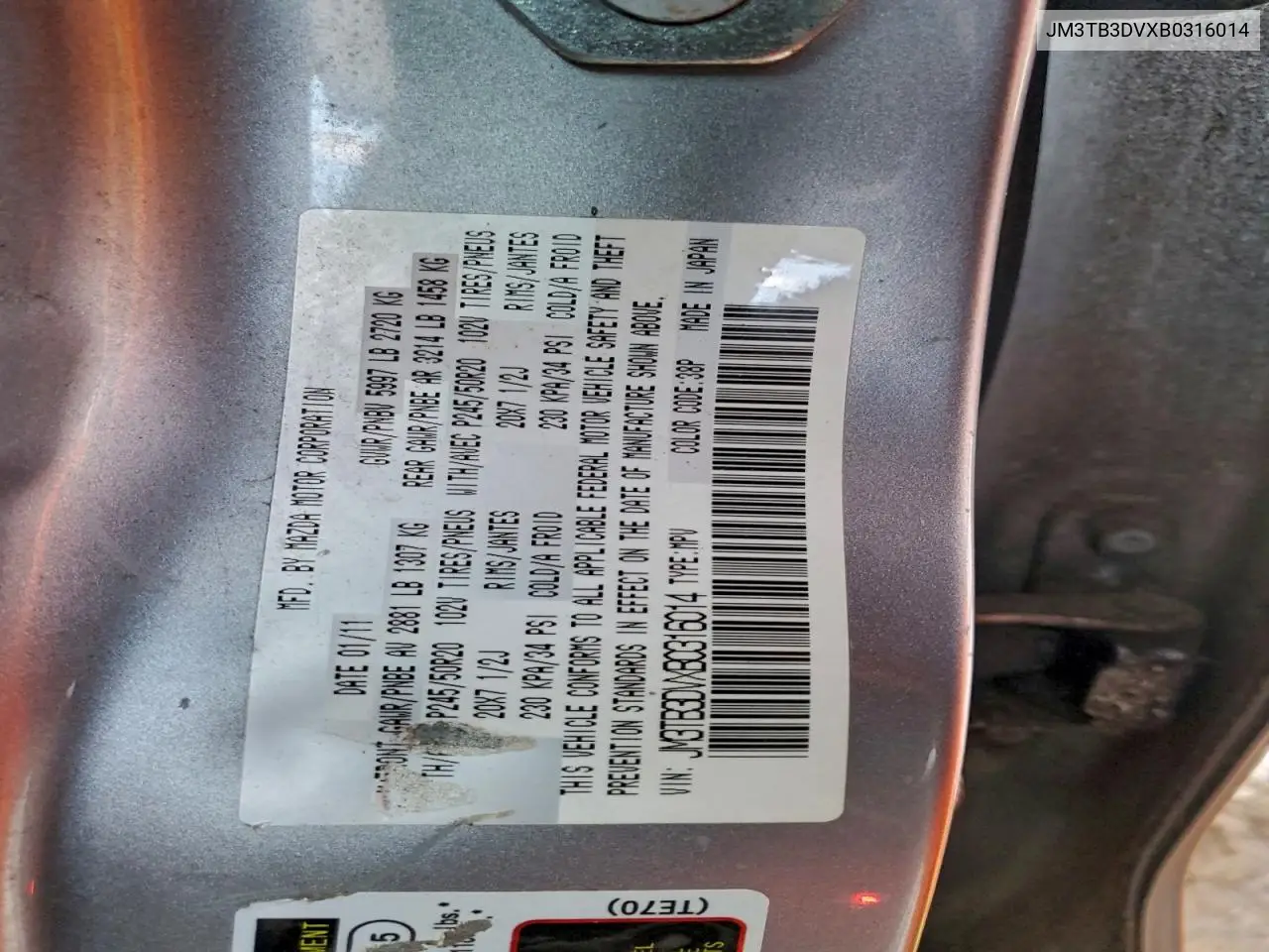 JM3TB3DVXB0316014 2011 Mazda Cx-9