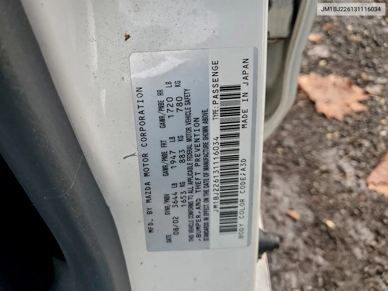 JM1BJ226131116034 2003 Mazda Protege Dx
