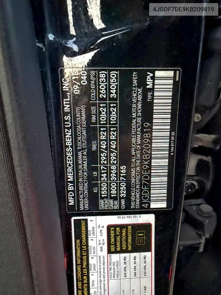 4JGDF7DE9KB209819 2019 Mercedes-Benz Gls 550 4Matic