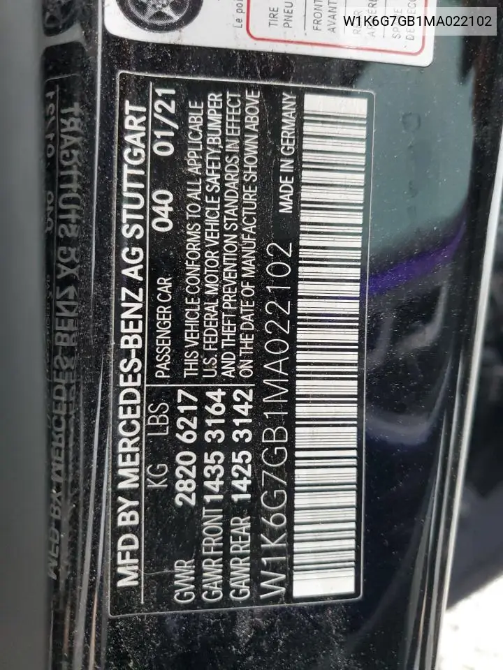 W1K6G7GB1MA022102 2021 Mercedes-Benz S 580 4Matic