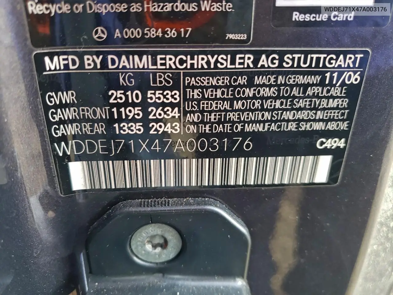 WDDEJ71X47A003176 2007 Mercedes-Benz Cl 550