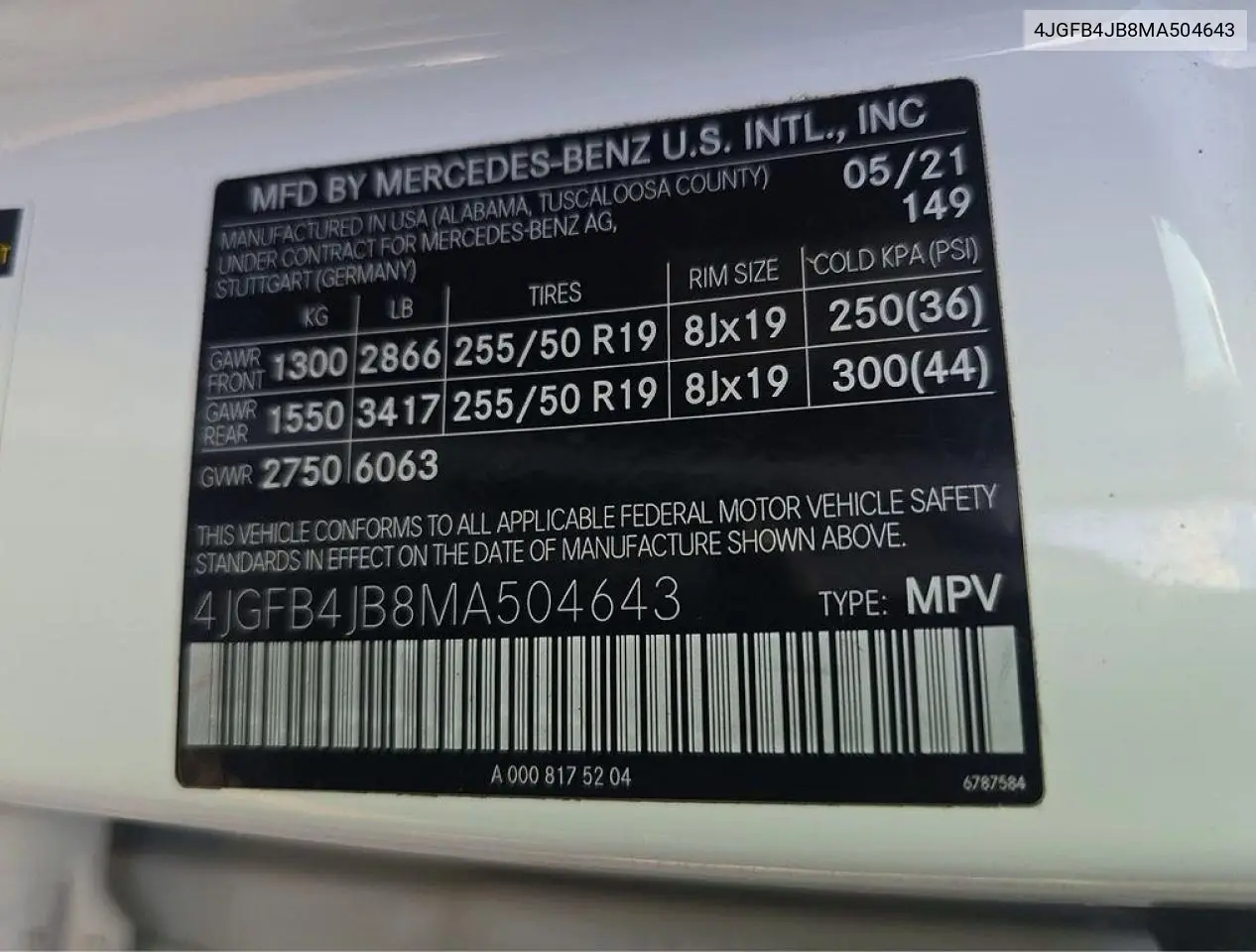 4JGFB4JB8MA504643 2021 Mercedes-Benz Gle 350