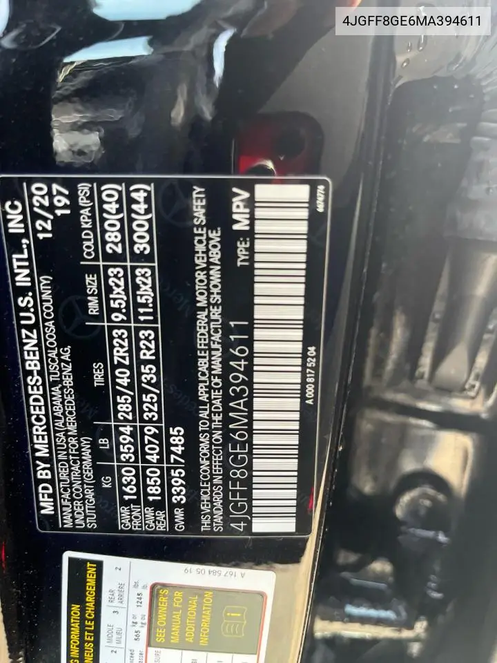 2021 Mercedes-Benz Gls 580 4Matic VIN: 4JGFF8GE6MA394611 Lot: 51830135