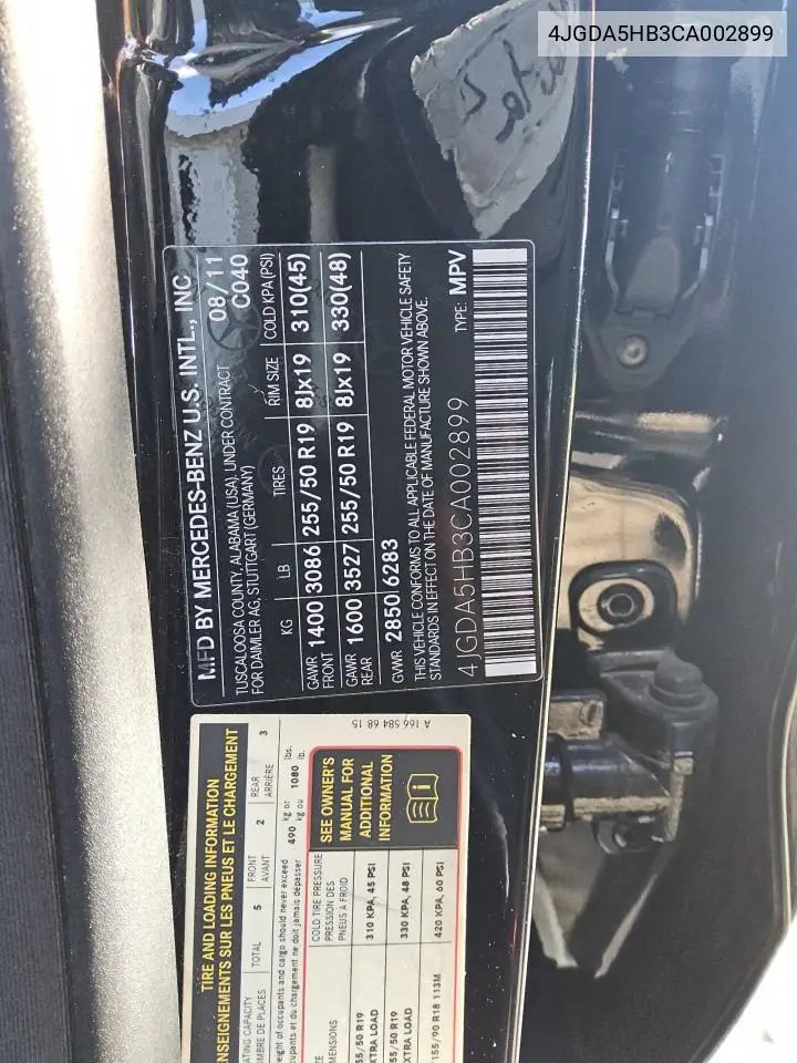 4JGDA5HB3CA002899 2012 Mercedes-Benz Ml 350 4Matic