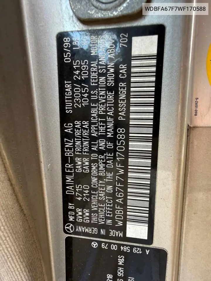 WDBFA67F7WF170588 1998 Mercedes-Benz Sl 500