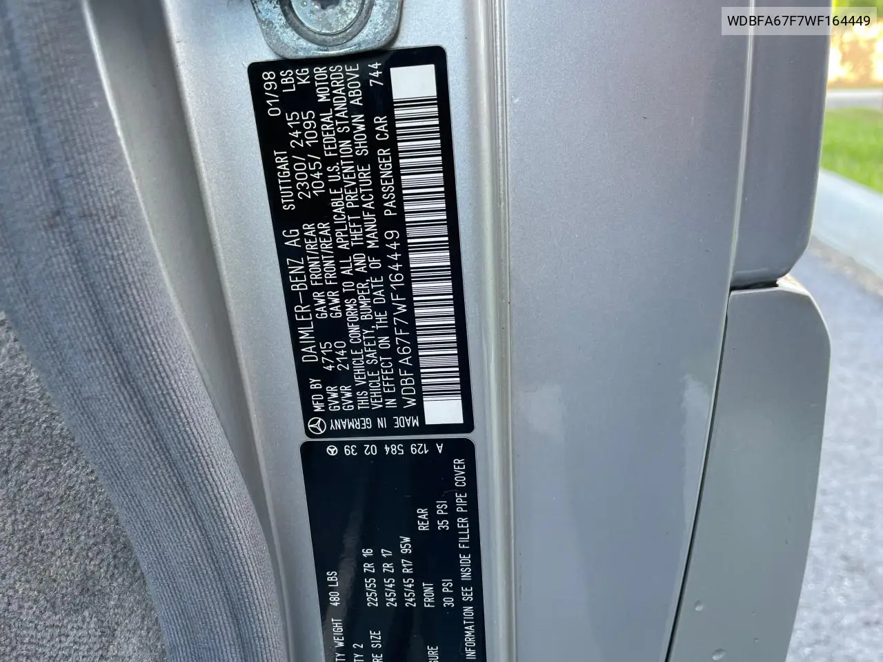 WDBFA67F7WF164449 1998 Mercedes-Benz Sl 500
