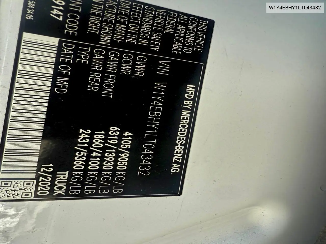 W1Y4EBHY1LT043432 2020 Mercedes-Benz Sprinter 2500