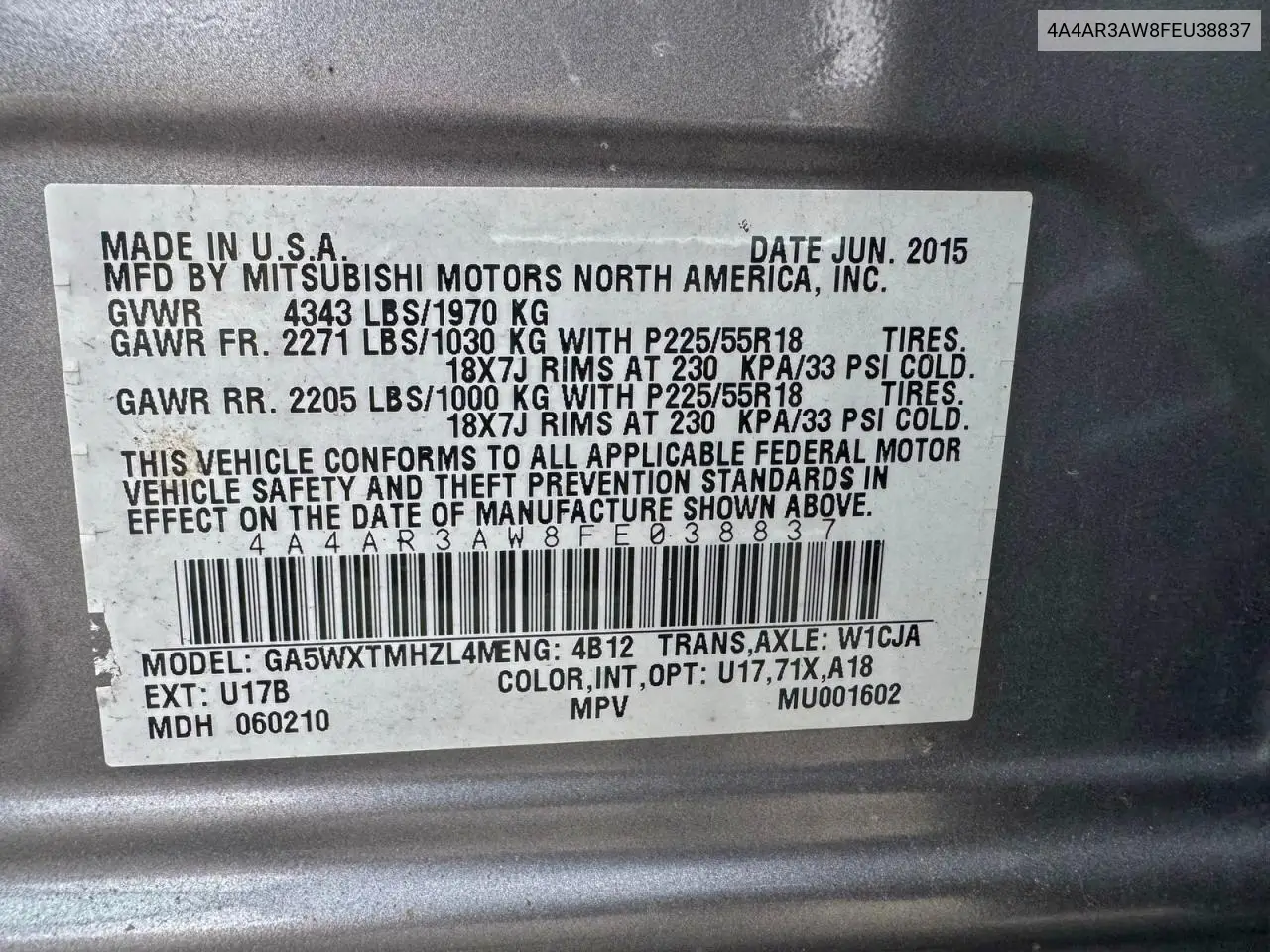 4A4AR3AW8FEU38837 2015 Mitsubishi Outlander Sport Es