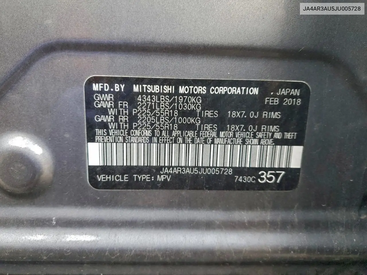 JA4AR3AU5JU005728 2018 Mitsubishi Outlander Sport Es