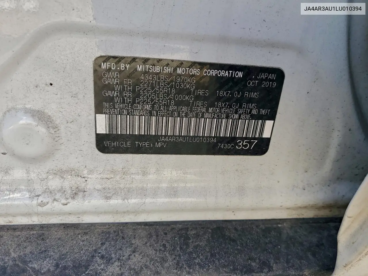 JA4AR3AU1LU010394 2020 Mitsubishi Outlander Sport Es