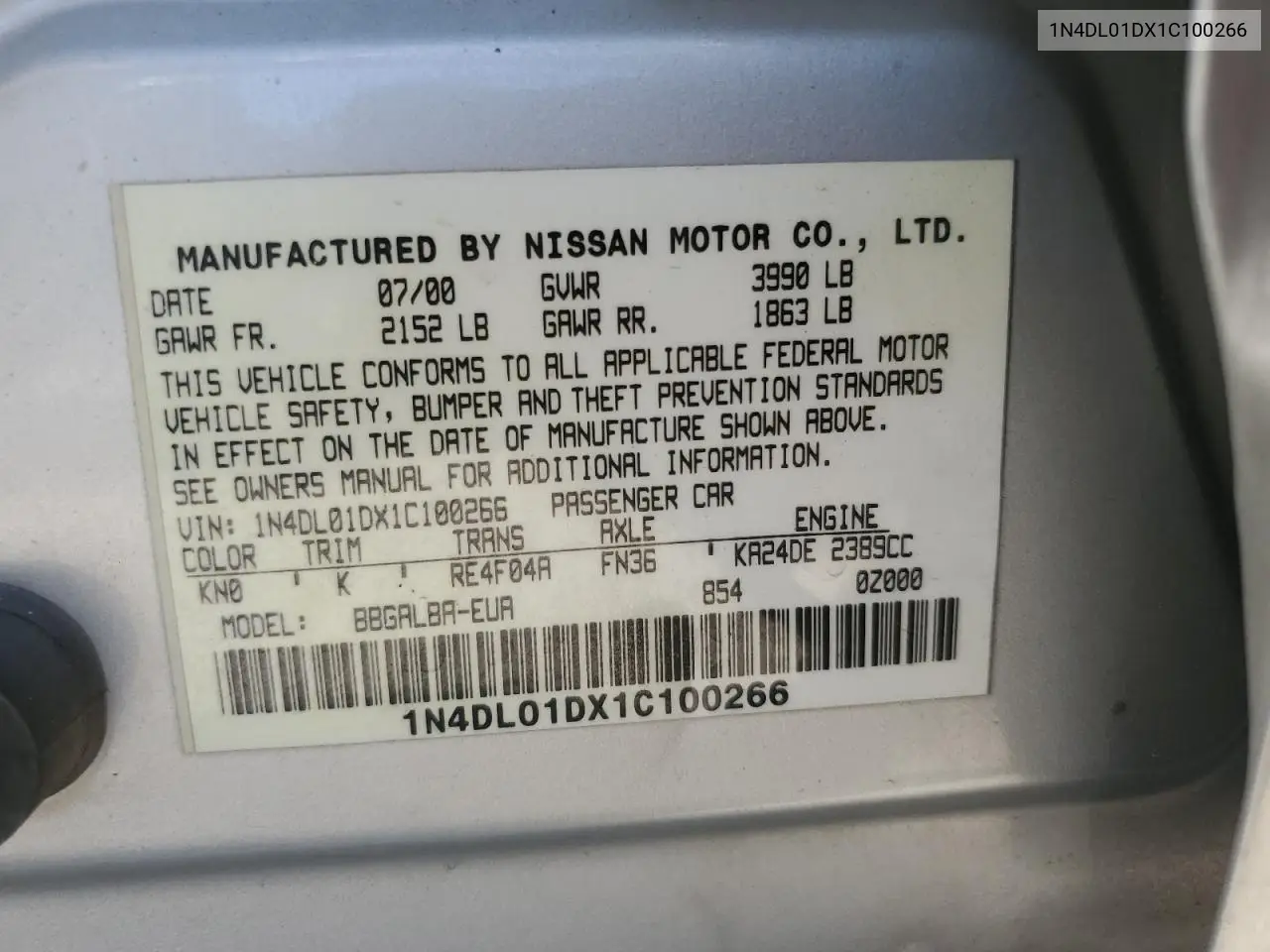 1N4DL01DX1C100266 2001 Nissan Altima Xe