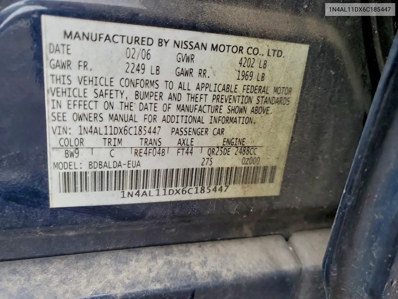 1N4AL11DX6C185447 2006 Nissan Altima S