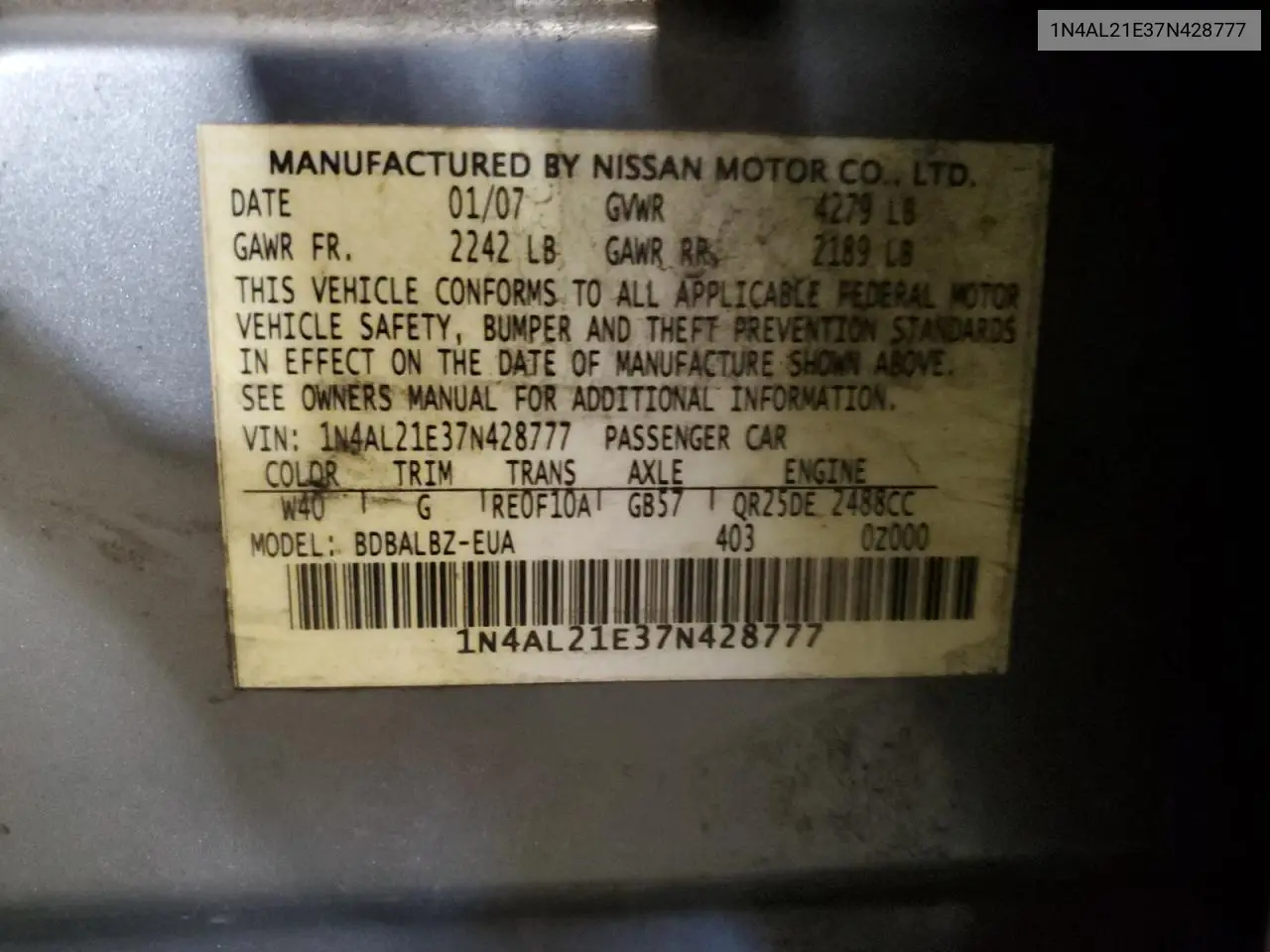 1N4AL21E37N428777 2007 Nissan Altima 2.5
