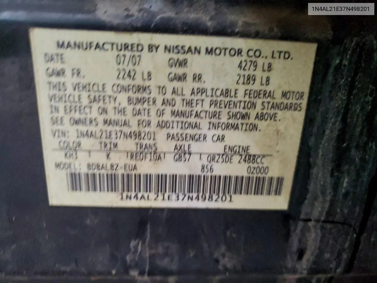 1N4AL21E37N498201 2007 Nissan Altima 2.5