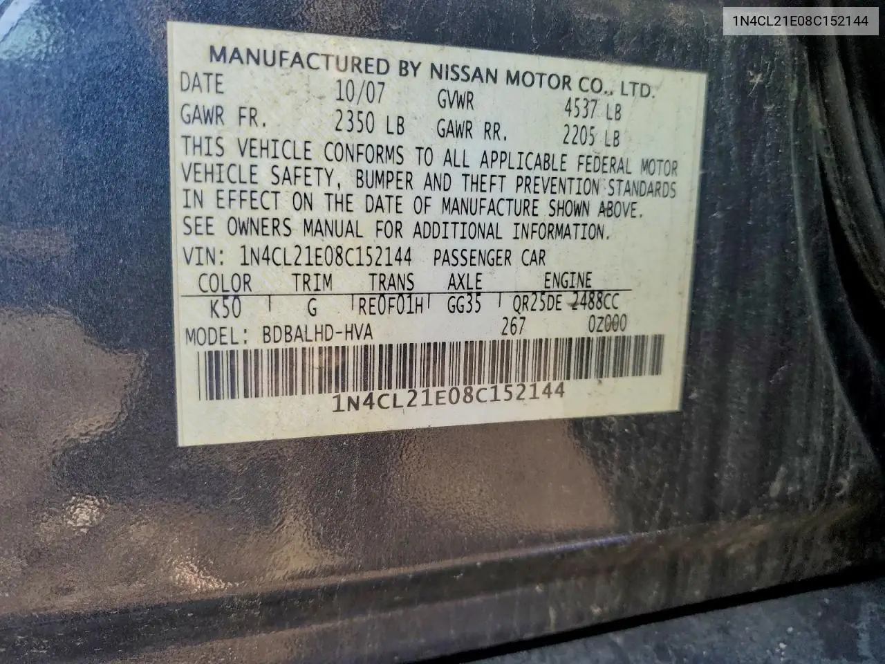 1N4CL21E08C152144 2008 Nissan Altima Hybrid
