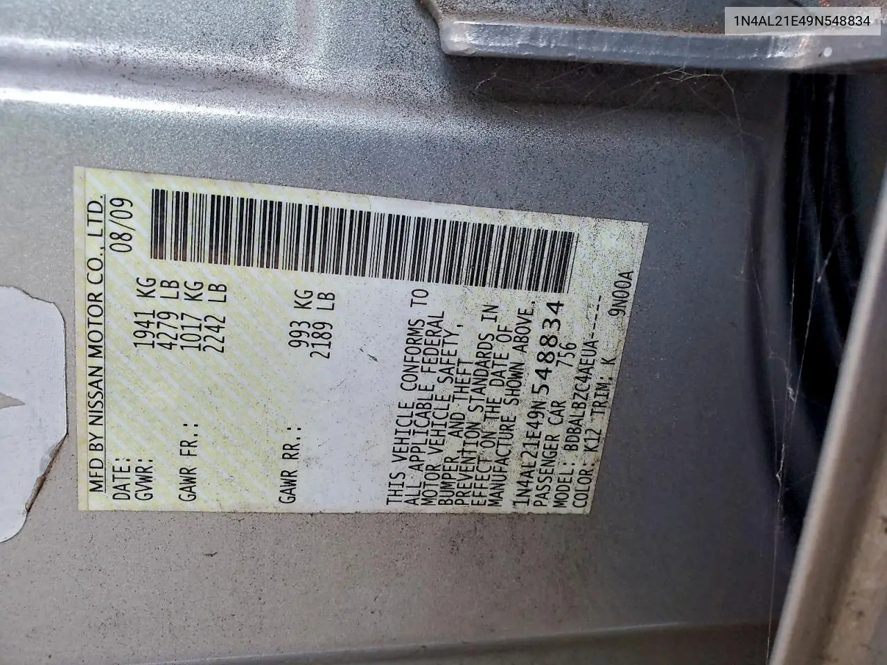 1N4AL21E49N548834 2009 Nissan Altima 2.5