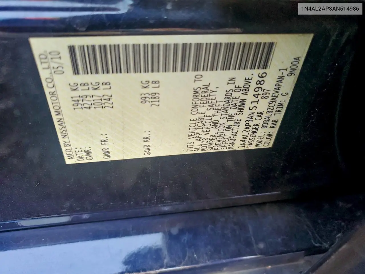 1N4AL2AP3AN514986 2010 Nissan Altima Base