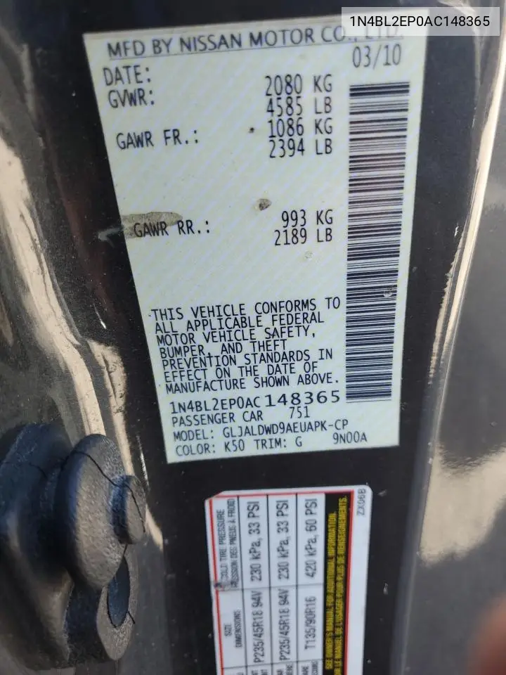 1N4BL2EP0AC148365 2010 Nissan Altima Sr