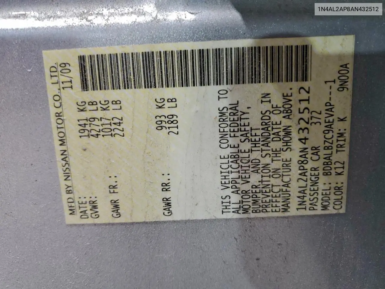 1N4AL2AP8AN432512 2010 Nissan Altima Base