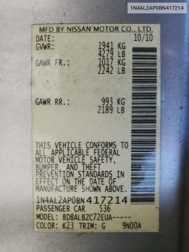 1N4AL2AP0BN417214 2011 Nissan Altima Base