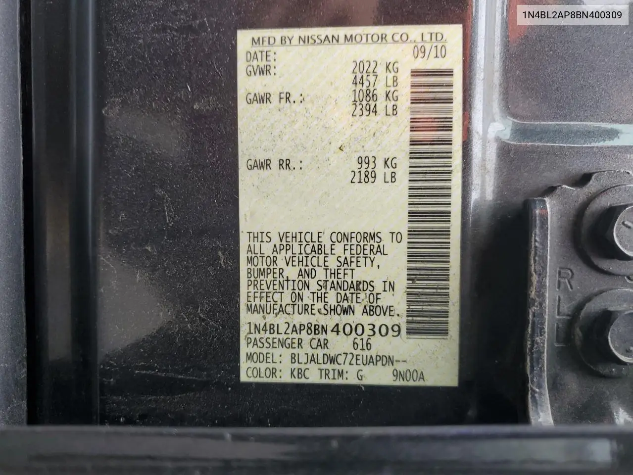 1N4BL2AP8BN400309 2011 Nissan Altima Sr