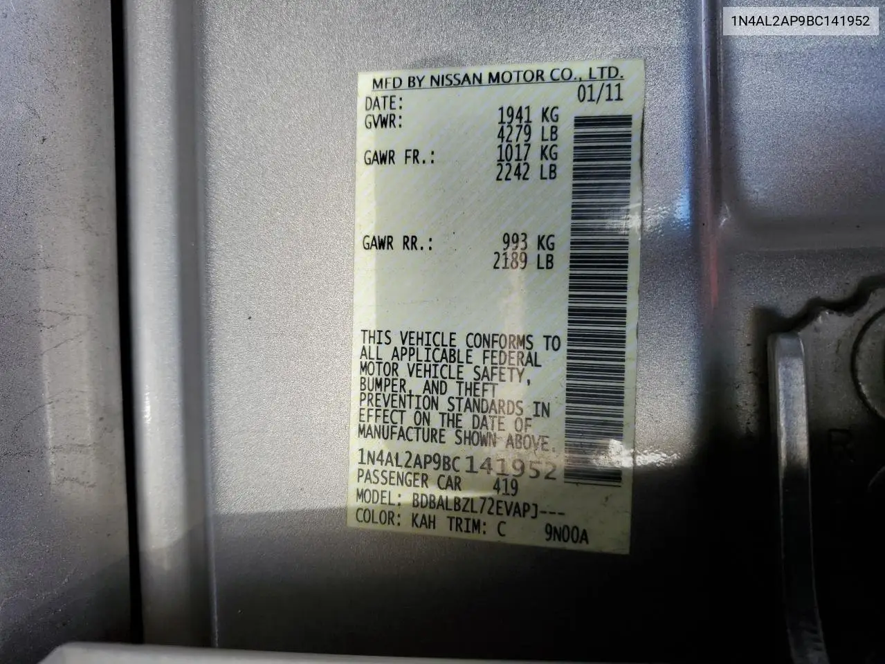 1N4AL2AP9BC141952 2011 Nissan Altima Base