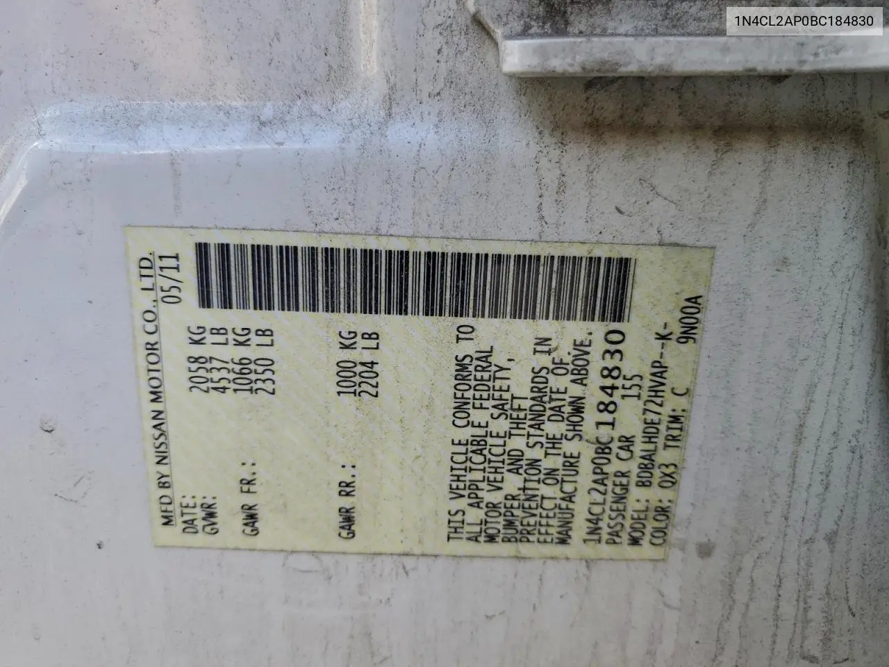 1N4CL2AP0BC184830 2011 Nissan Altima Hybrid