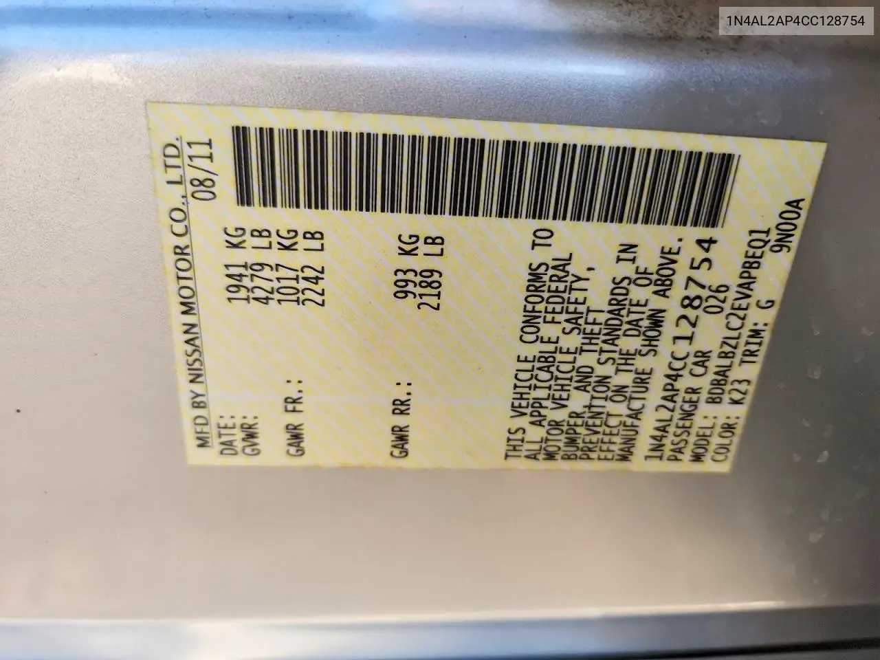 1N4AL2AP4CC128754 2012 Nissan Altima Base