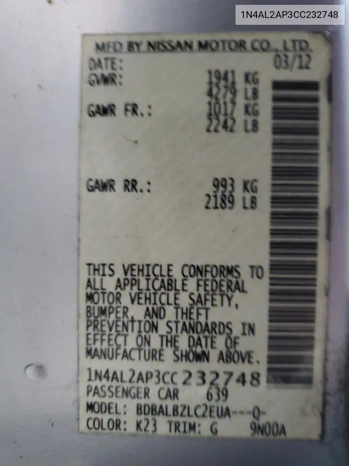 1N4AL2AP3CC232748 2012 Nissan Altima Base