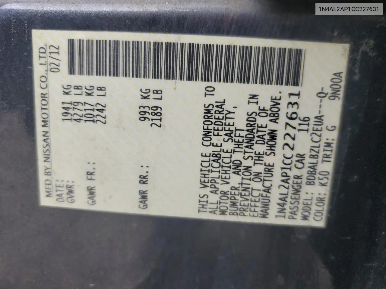1N4AL2AP1CC227631 2012 Nissan Altima Base