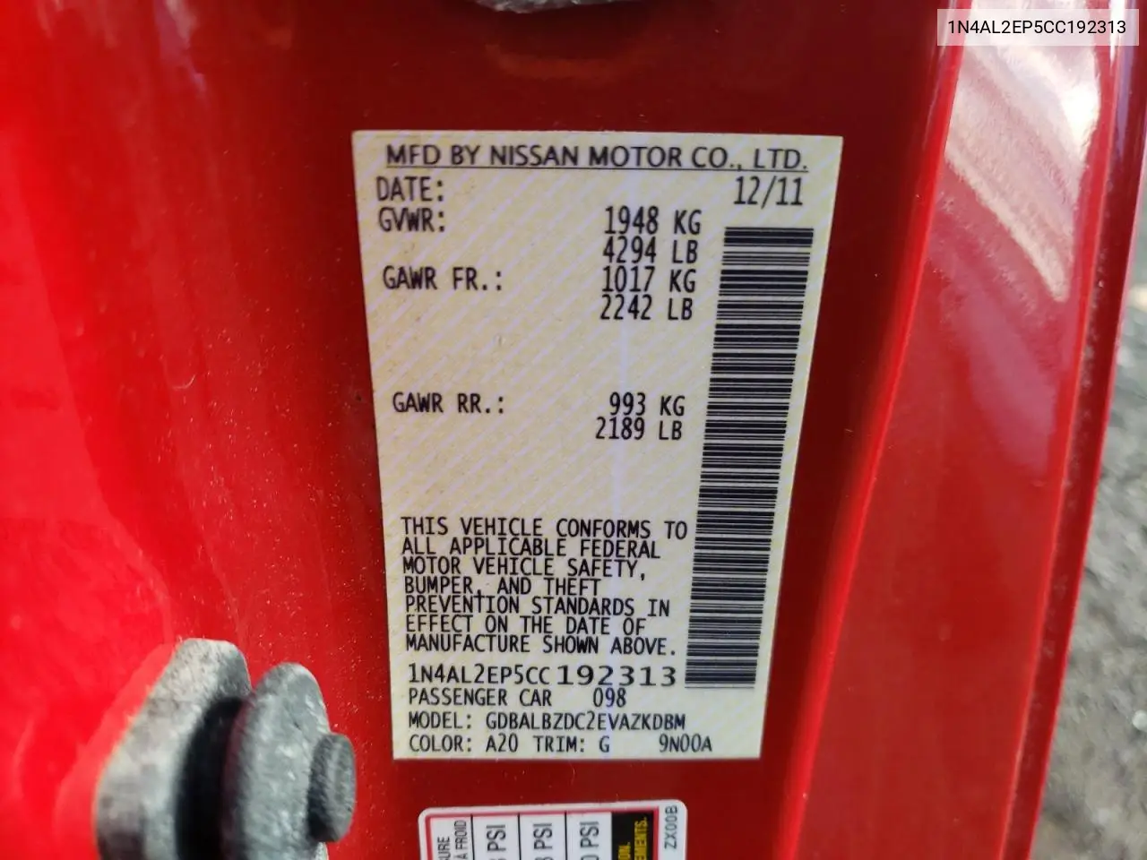 1N4AL2EP5CC192313 2012 Nissan Altima S