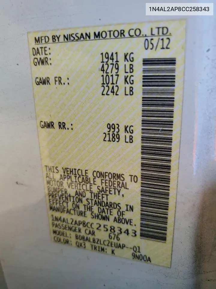 1N4AL2AP8CC258343 2012 Nissan Altima Base