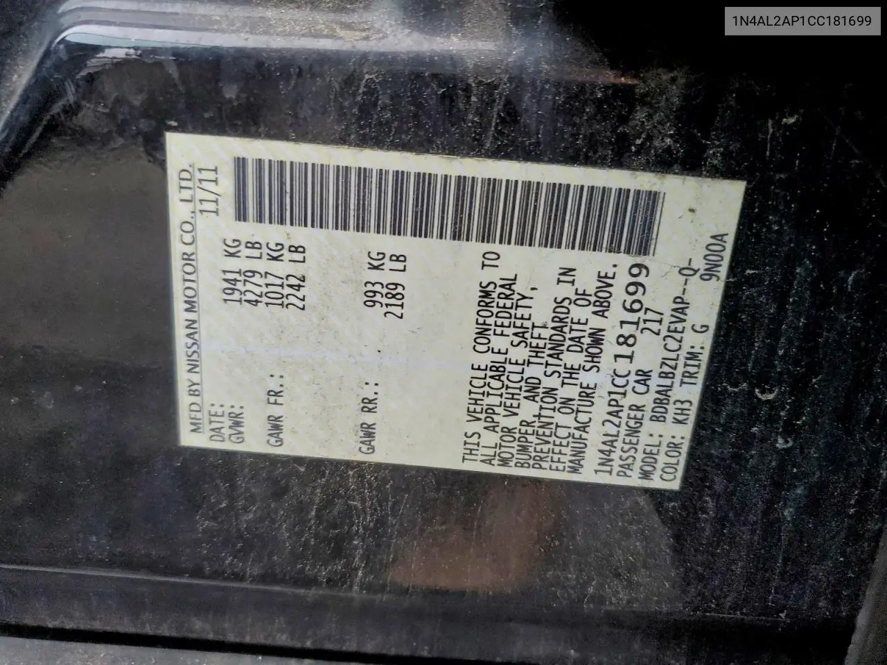 1N4AL2AP1CC181699 2012 Nissan Altima Base