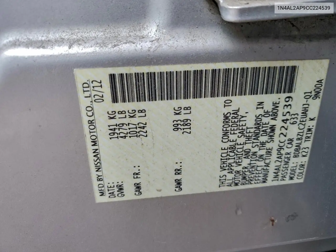 1N4AL2AP9CC224539 2012 Nissan Altima Base