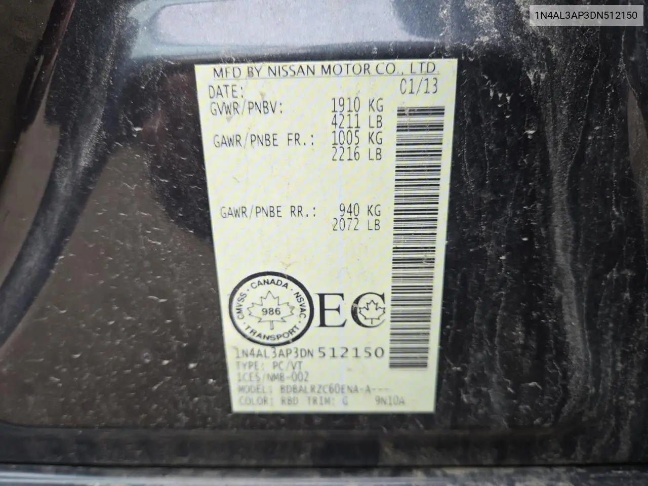 1N4AL3AP3DN512150 2013 Nissan Altima 2.5