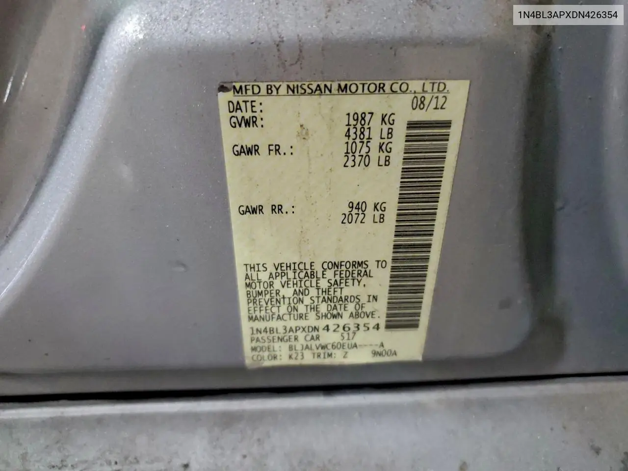 1N4BL3APXDN426354 2013 Nissan Altima 3.5S