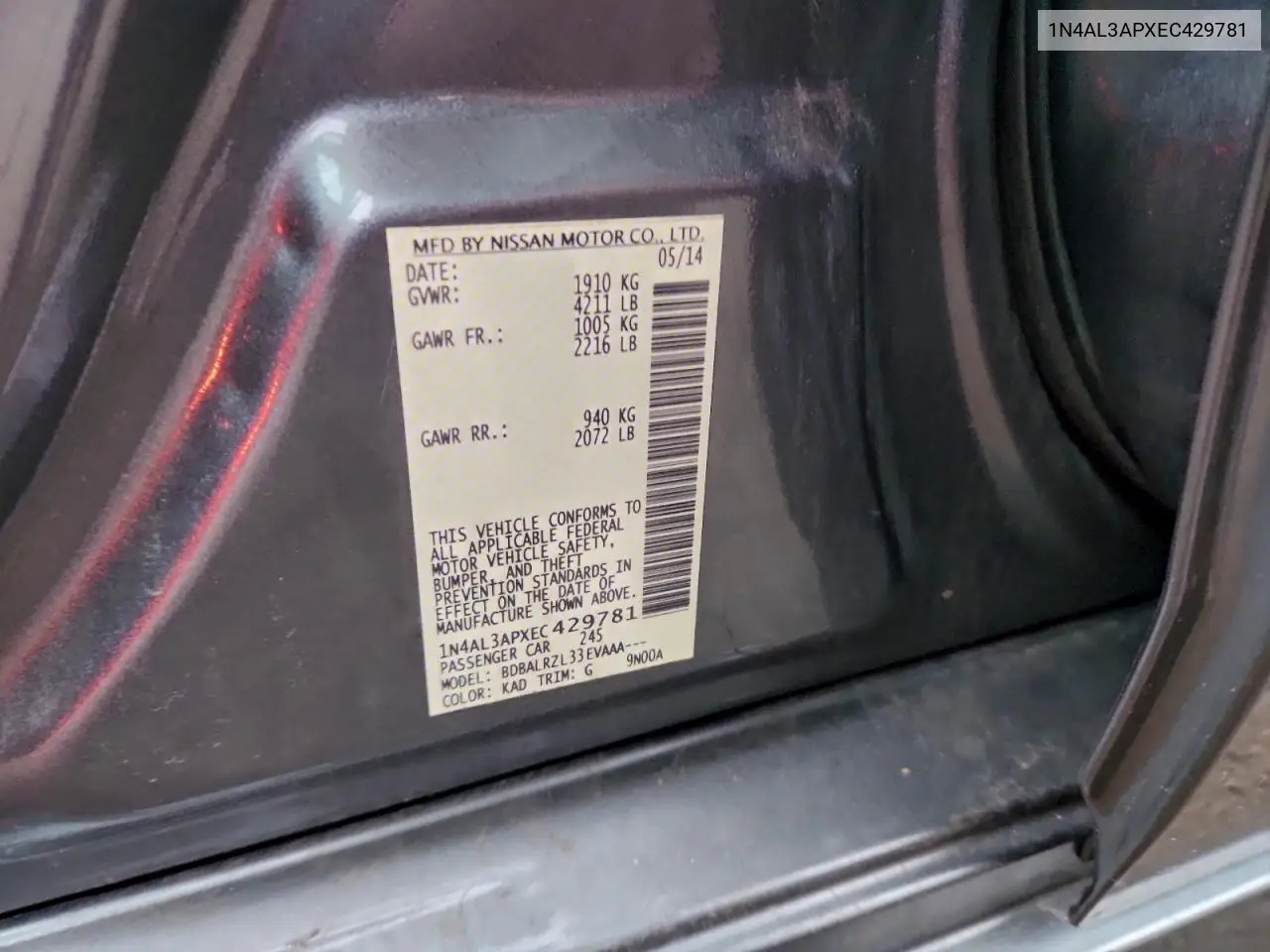 1N4AL3APXEC429781 2014 Nissan Altima 2.5