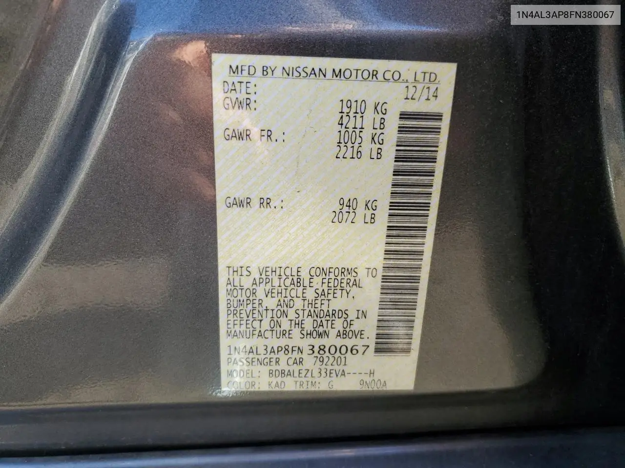 1N4AL3AP8FN380067 2015 Nissan Altima 2.5