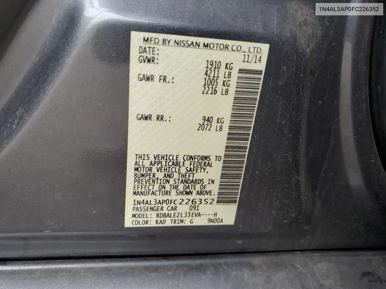 1N4AL3AP0FC226352 2015 Nissan Altima 2.5